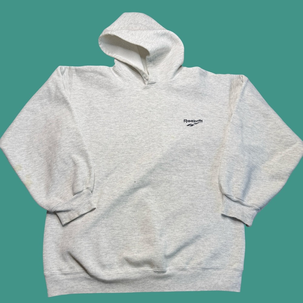 Vintage Reebok Hoodie Medium White Cotton Athletic Sweatshirt USA Distressed